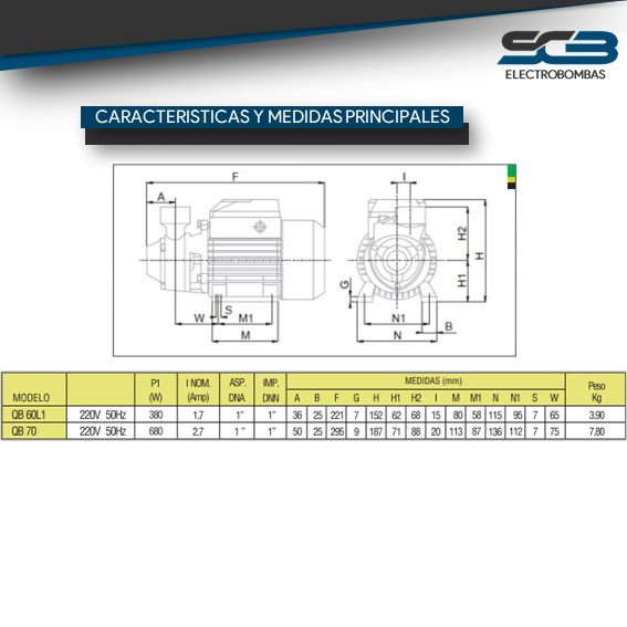 Bomba Agua Periferica QB60 L1 - Bob. Cb 220V 0,5HP - Imagen 3