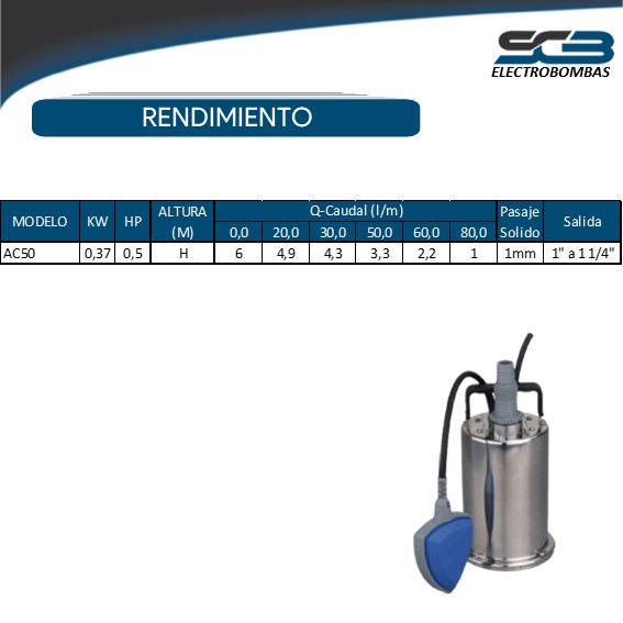 Bomba sumergible agua limpia inoxidable AC50 0,5HP 220V - Imagen 4